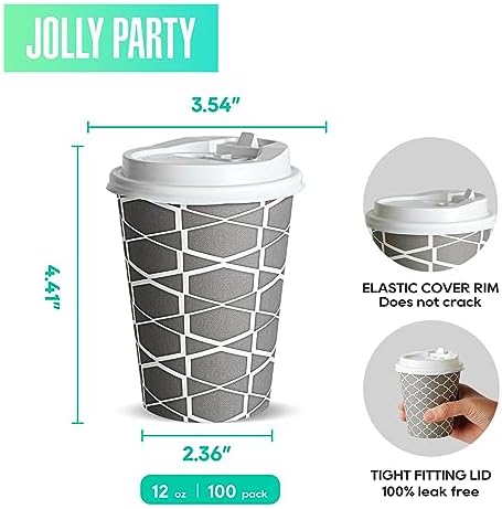 Jolly Party 12 oz Disposable Coffee Cups with Lids 100 Set