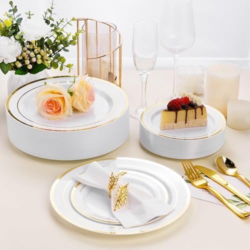 100PCS White Plastic Plates with Gold Rim 1025 Inch
