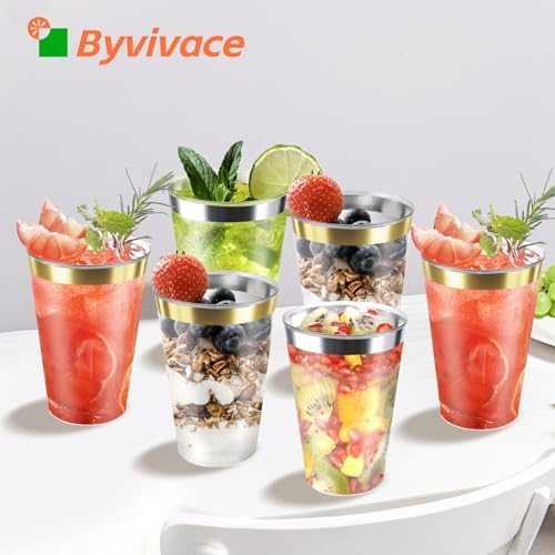 12oz Clear Plastic Cups with Gold Rim 100 Pack
