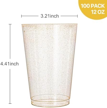 N9R 100PCS 12oz Gold Glitter Plastic Cups for Parties