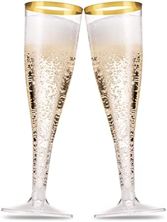 Munfix 50 Pack Gold Rimmed Plastic Champagne Flutes 5 Oz