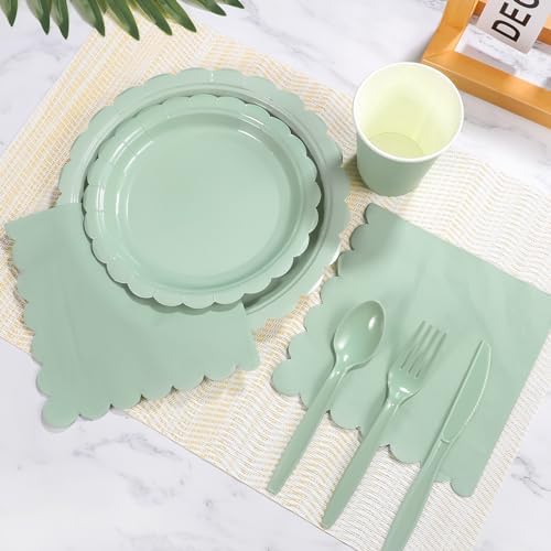 175 Pcs Sage Green Paper Plates and Napkins Set