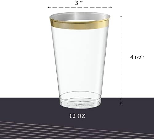 Disposable 12 oz Crystal Clear Plastic Tumblers With Gold Rim Pack of 50