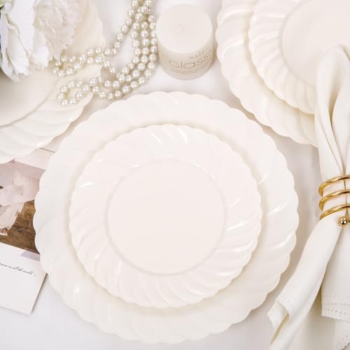 U-QE 100 Piece Ivory Scalloped Plastic Plates