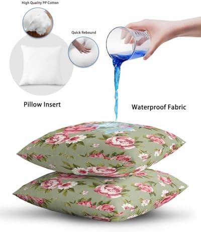 Outdoor Waterproof Throw Pillows Pink Flowers Peony Sage Green Pack of 2
