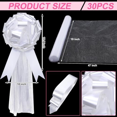 Dingion 30pcs White Wedding Pew Bows with Tulle