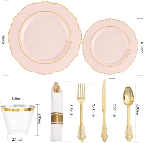 Liacere 350PCS Pink Plates with Gold Border for 50 Guests