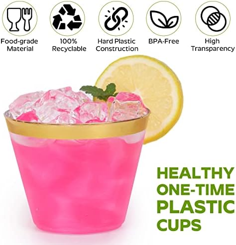 Tobvory 100 Pack Gold Rimmed Plastic Cups 9 oz