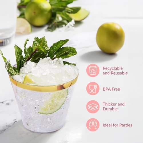 Prestee 100-Pack 9oz Gold Rimmed Plastic Cups