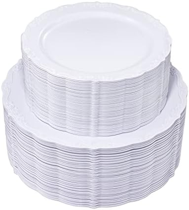 U-QE 100 Piece White Disposable Plates - Premium Hard Plastic for Events