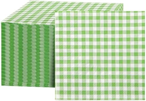 FLOWERCAT 100 Count 2 Ply Green Checkered Napkins 5x5 Inches