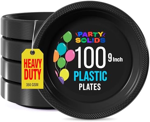 Exquisite 9 Inch Black Plastic Plates 100 Pcs Set