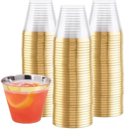 Prestee 100-Pack 9oz Gold Rimmed Plastic Cups