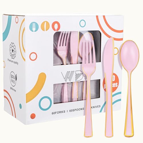 180 Piece Pink Plastic Silverware Set with Gold