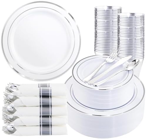 350 Piece Silver Plastic Dinnerware Set for 50 Guests