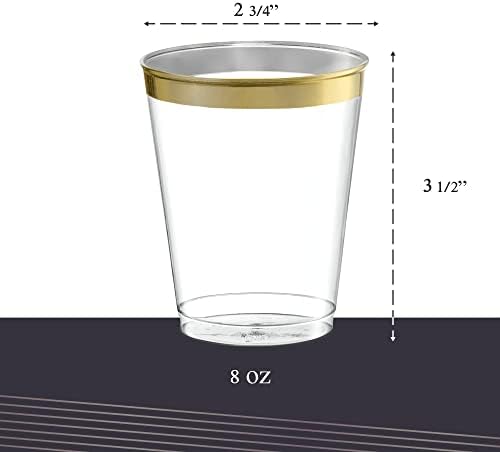 Disposable 8 oz Crystal Clear Plastic Tumblers With Gold Rim Pack of 50