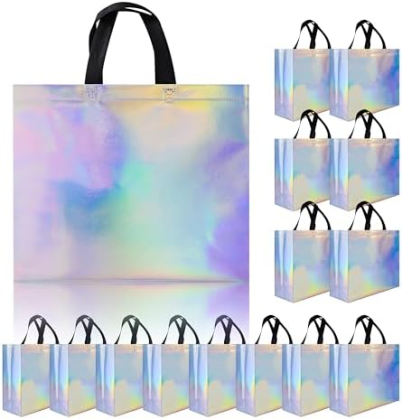 Glossy Iridescent Gift Bags 15 Pcs with Black Handles