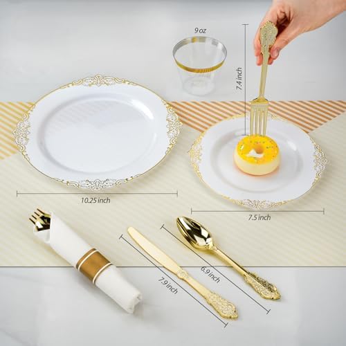 350PCS Gold Plastic Plates for 50 Guests Wedding Party Set