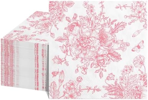 100 Pcs Pink Floral Napkins with White Toile Design