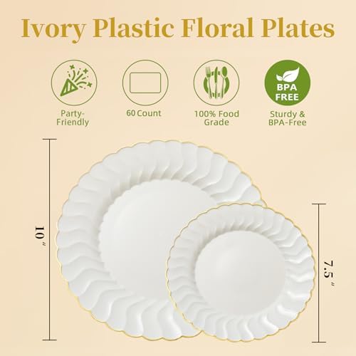 Lullaby 60PCS Ivory Scalloped Plastic Plates with Gold Rim
