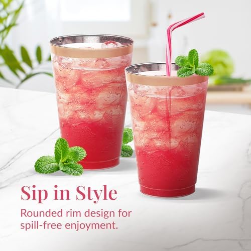 50 Pack Disposable Plastic Cups with Rose Gold Rim