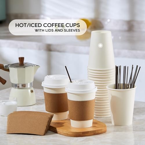 JOLLY PARTY 50 Pack 12 oz Paper Coffee Cups with Lids and Stirrers