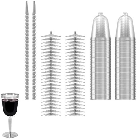 BloominGoods 50 Silver Rimmed Plastic Wine Glasses 10 oz Pack