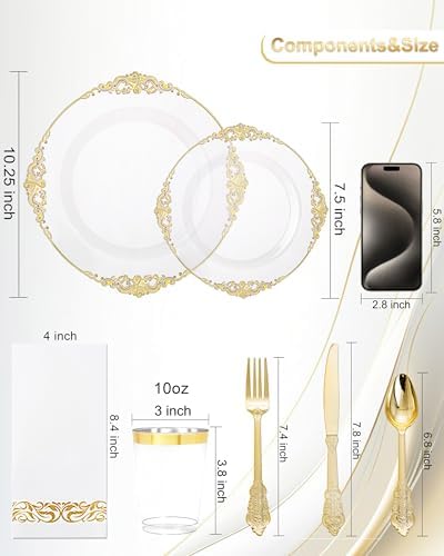 Nervure 175PCS Clear Gold Plastic Plates Set for 25 Guests