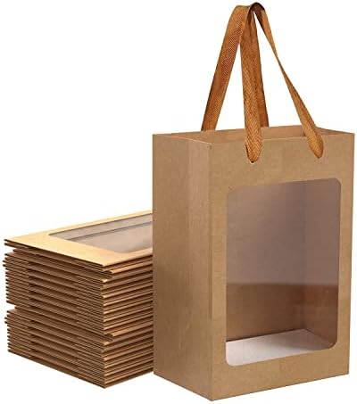 12 Pcs Brown Kraft Gift Bags with Handles and Window