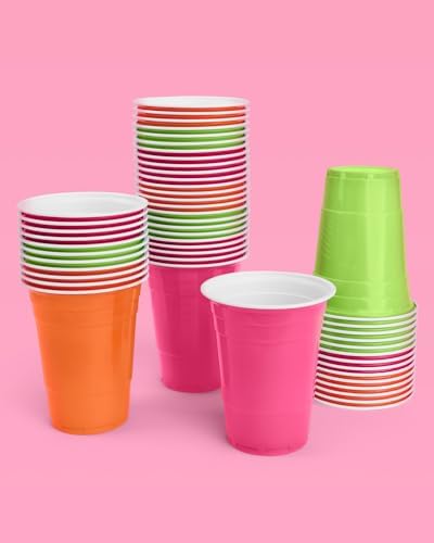 XO Fetti Pink Orange Green 16 oz Plastic Cups - 50 Piece Set