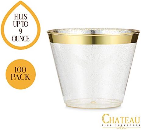 100 Pack 9oz Gold Glitter Plastic Cups with Gold Rim - Premium Partyware