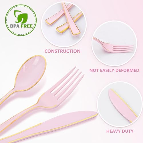 180 Piece Pink Plastic Silverware Set with Gold