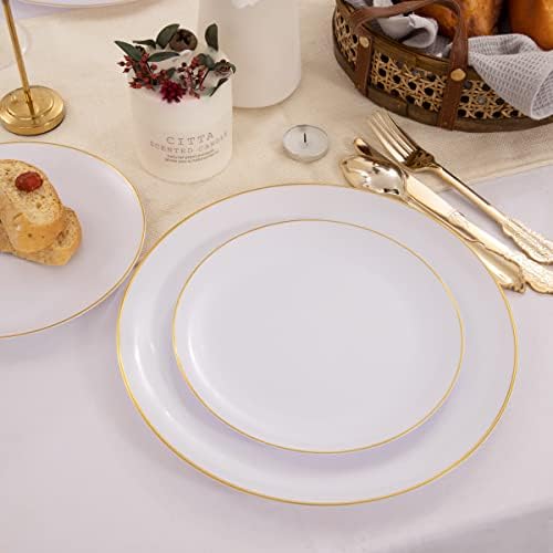 KIRE 100PCS Disposable Plates - White with Gold Rim for Party and Wedding