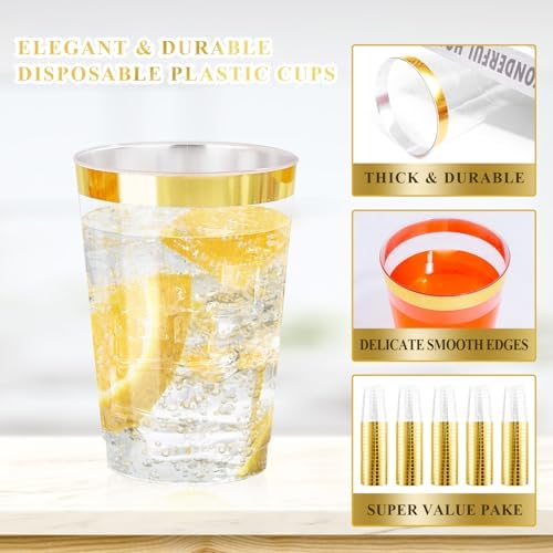 Ciaell 120PCS Gold Rimmed Plastic Cups 12Oz Heavy Duty