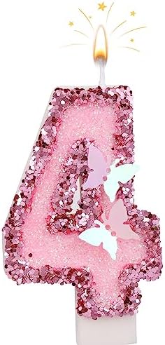 SAVITA 27 Inch Pink Number Candles with Butterfly Sequins - Number 4