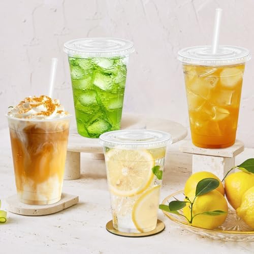 16 oz 100 Pack Plastic Cups with Lids and Straws