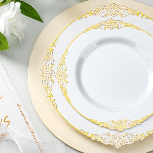 350PCS Gold Plastic Plates for 50 Guests Wedding Party Set