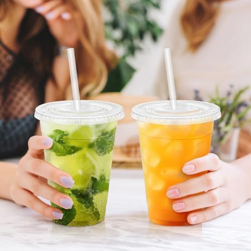 16 oz 100 Pack Plastic Cups with Lids and Straws