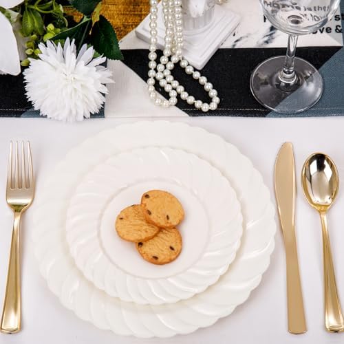 U-QE 100 Piece Ivory Scalloped Plastic Plates