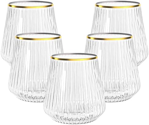 N9R 24 Pack Clear Plastic Wine Cups with Gold Rim