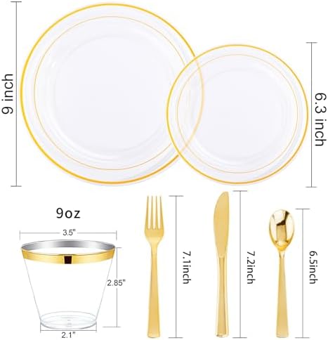 WELLIFE 600 Piece Gold Trim Plastic Dinnerware Set for Party