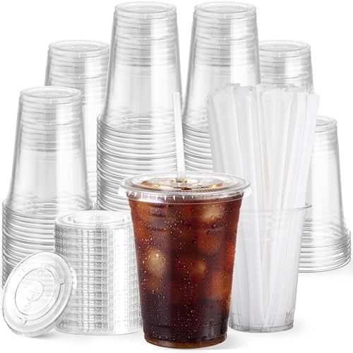 100 Pack 16 Oz Clear Plastic Cups with Lids and Straws