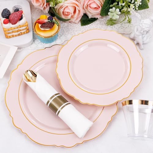 Liacere 350PCS Pink Plates with Gold Border for 50 Guests