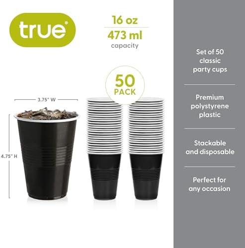 True Black 16oz Plastic Cups Set of 50 for Parties