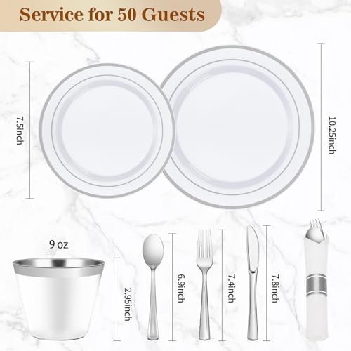 350PCS Silver Plastic Dinnerware Set for 50 Guests