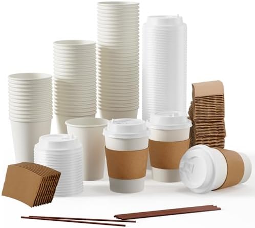 JOLLY PARTY 50 Pack 12 oz Paper Coffee Cups with Lids and Stirrers