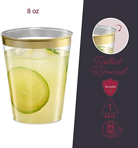 Disposable 8 oz Crystal Clear Plastic Tumblers With Gold Rim Pack of 50