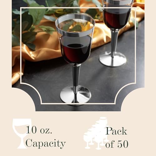 BloominGoods 50 Silver Rimmed Plastic Wine Glasses 10 oz Pack