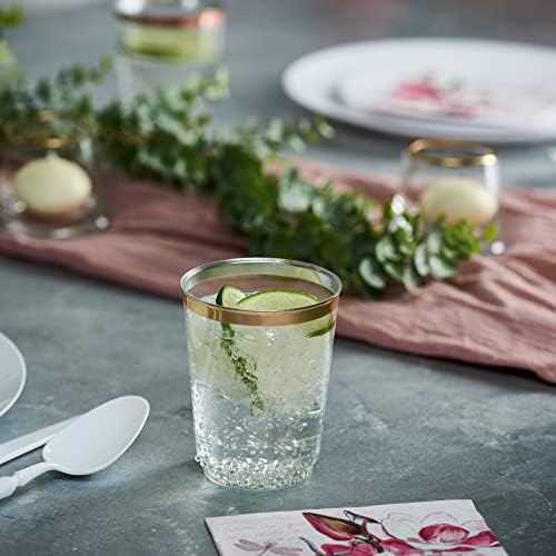 Disposable 12 oz Crystal Clear Plastic Tumblers With Gold Rim Pack of 50