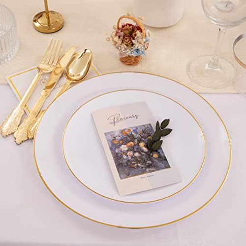 KIRE 100PCS Disposable Plates - White with Gold Rim for Party and Wedding